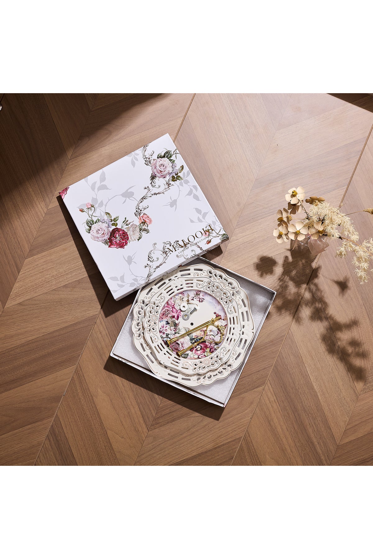 Platou etajat 2 niveluri porțelan, model floral vintage, platouri rotunde