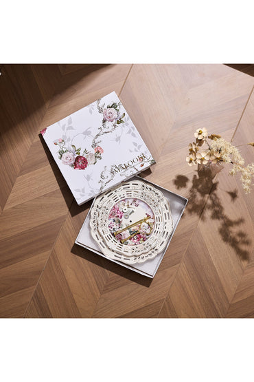 Platou etajat 2 niveluri porțelan, model floral vintage, platouri rotunde