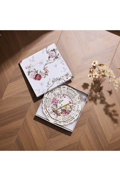 Platou etajat 2 niveluri porțelan, model floral vintage, platouri rotunde