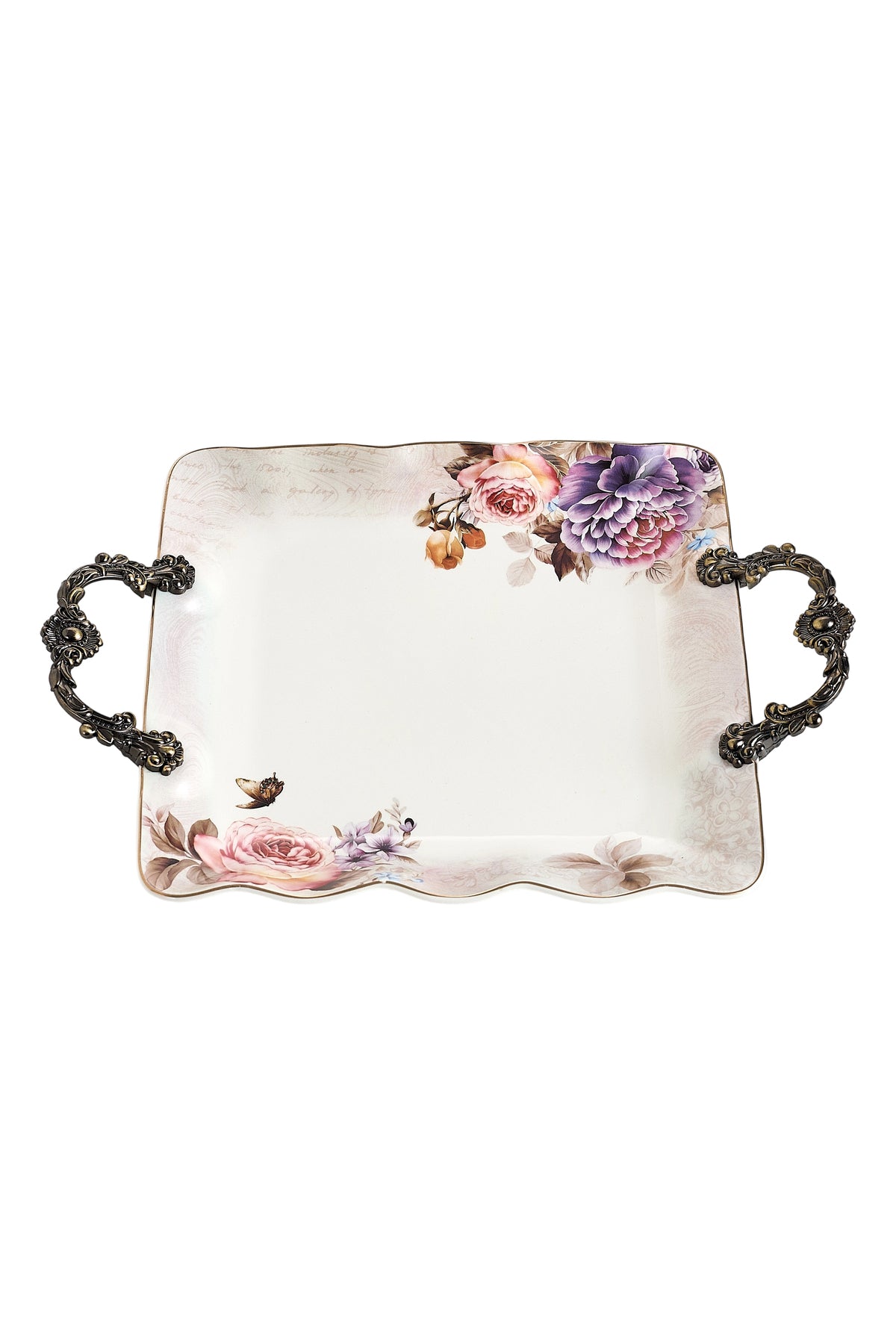 Tavă servire porțelan model floral vintage, mânere metalice bronz, 34.5 cm