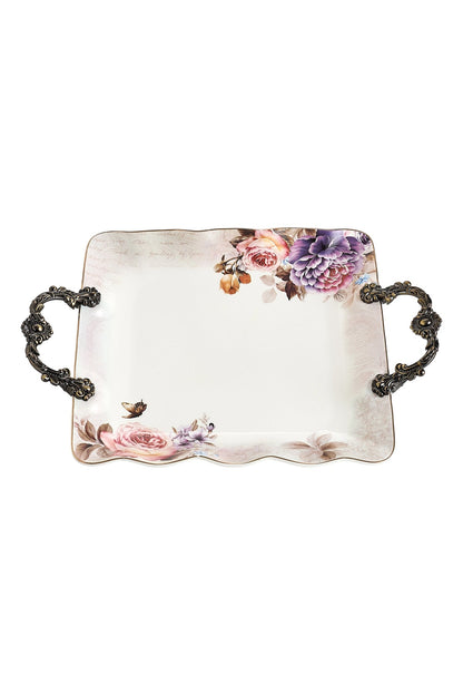 Tavă servire porțelan model floral vintage, mânere metalice bronz, 34.5 cm