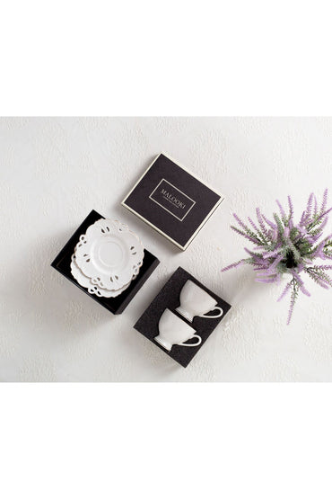 Set de 2 cești cu 2 farfurioare, portelan, 180 ml - Model alb dantelat
