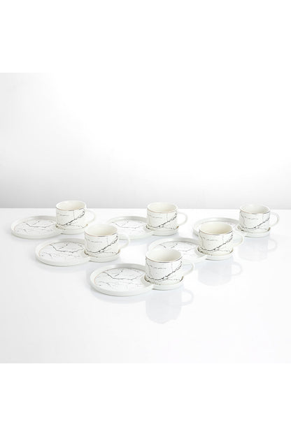 Set 6 cești de cafea din porțelan cu farfurioare duble pentru gustări, 180 ml - Alb