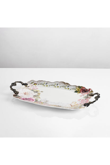 Tavă servire porțelan ovală model floral vintage, mânere metalice bronz, 44.5 cm