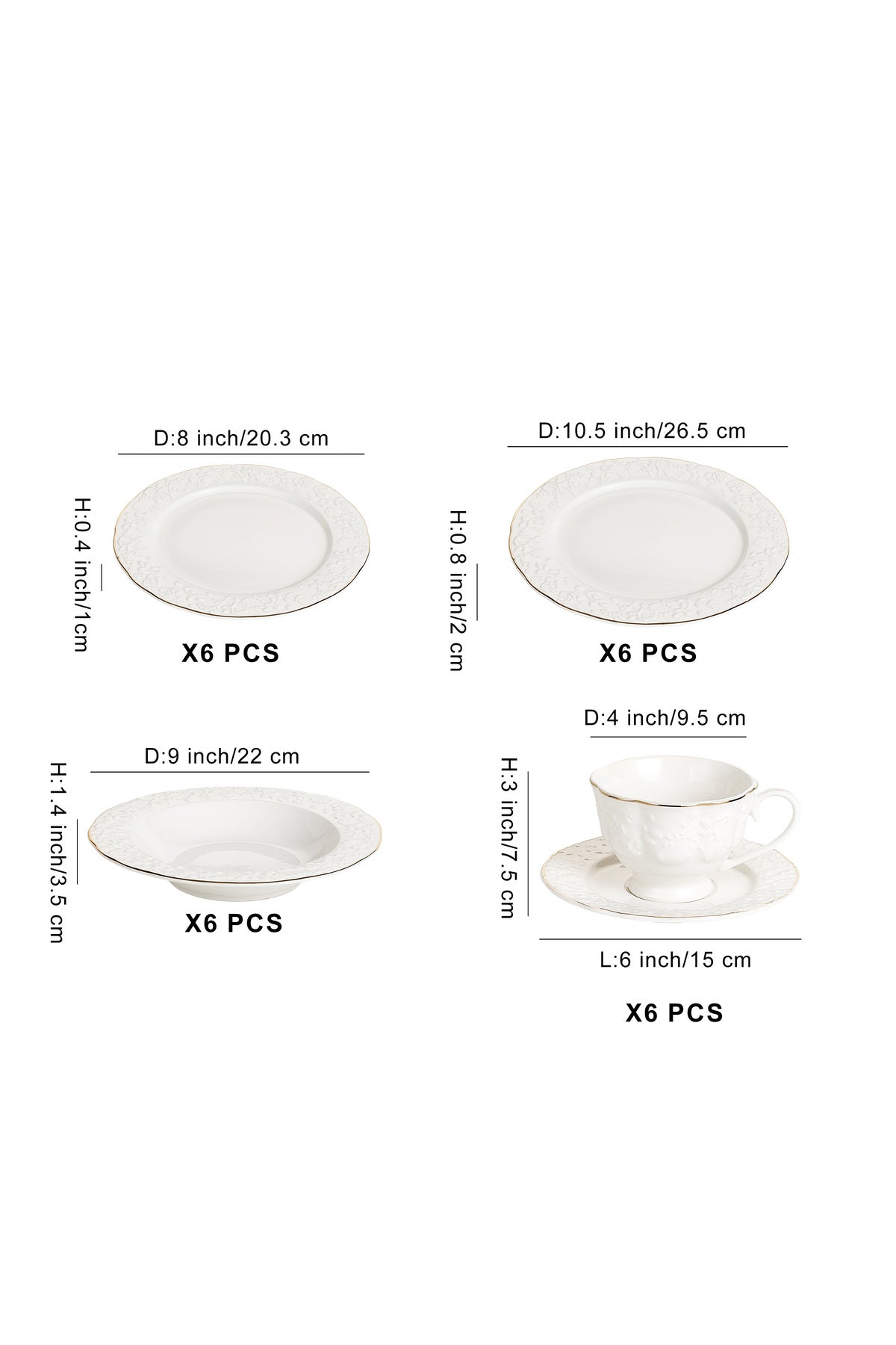 Serviciu de masă din porțelan30 piese Luxset farfurii și cești 6 persoane decor relief margine aurie