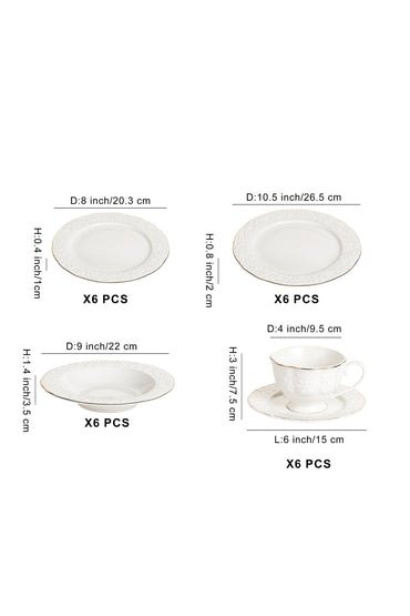 Serviciu de masă din porțelan30 piese Luxset farfurii și cești 6 persoane decor relief margine aurie
