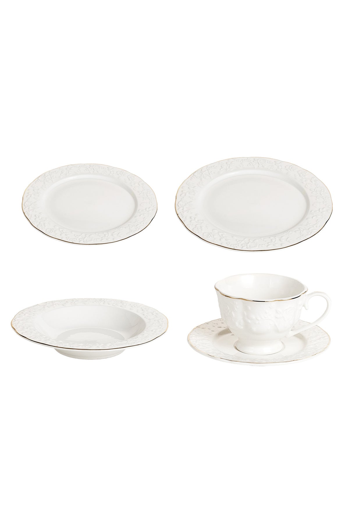 Serviciu de masă din porțelan30 piese Luxset farfurii și cești 6 persoane decor relief margine aurie