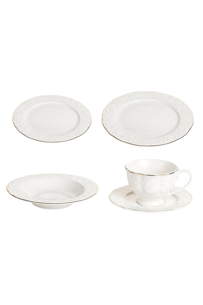 Serviciu de masă din porțelan30 piese Luxset farfurii și cești 6 persoane decor relief margine aurie