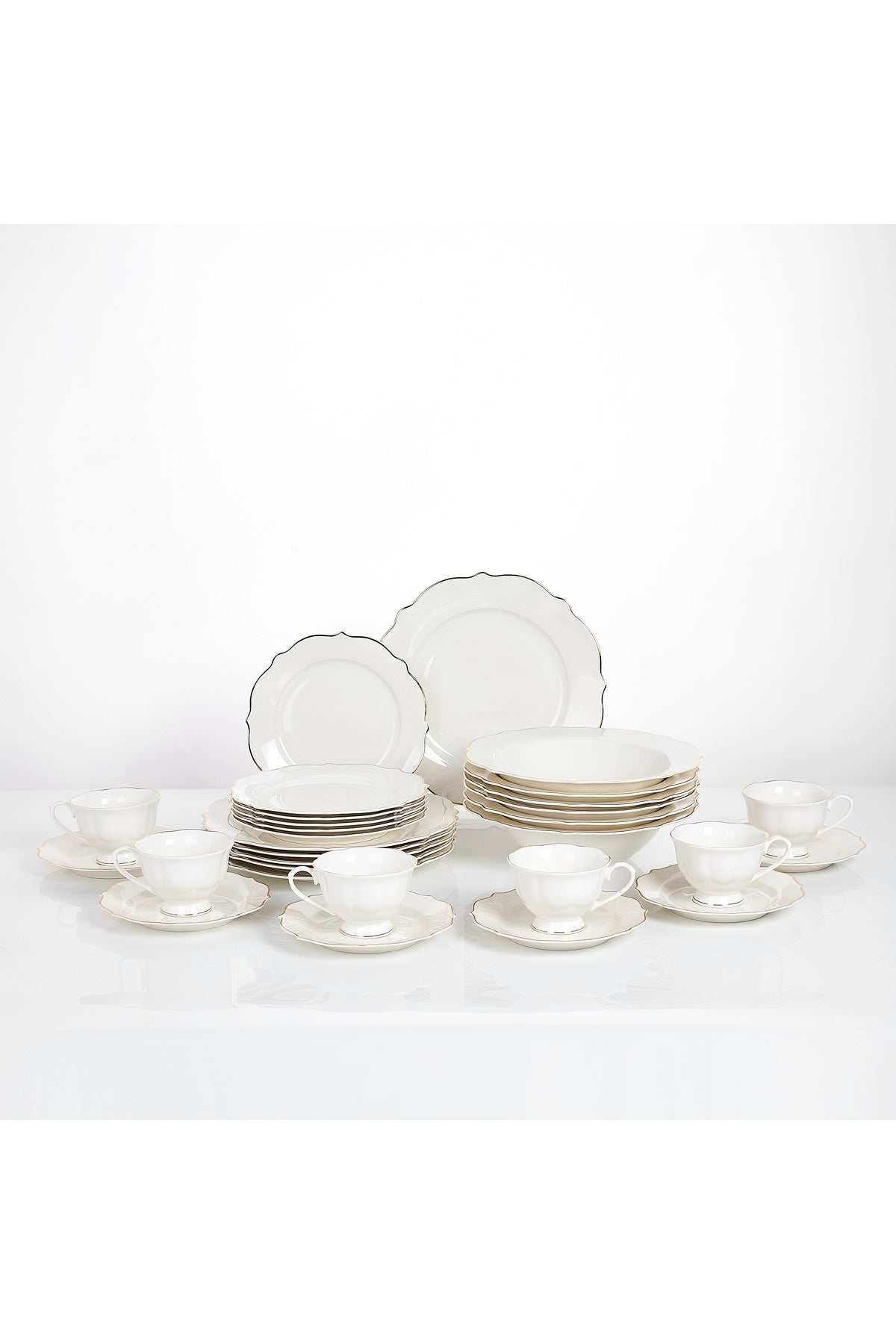 Set masă 30 piese porțelan Dubai, alb cu bordură aurie, 6 persoane