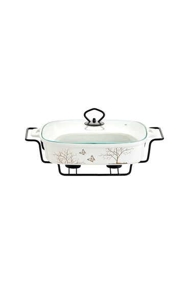 Vas de cuptor din porțelan cu suport încălzitor și capac sticlă, 32 cm - Lifetree Collection