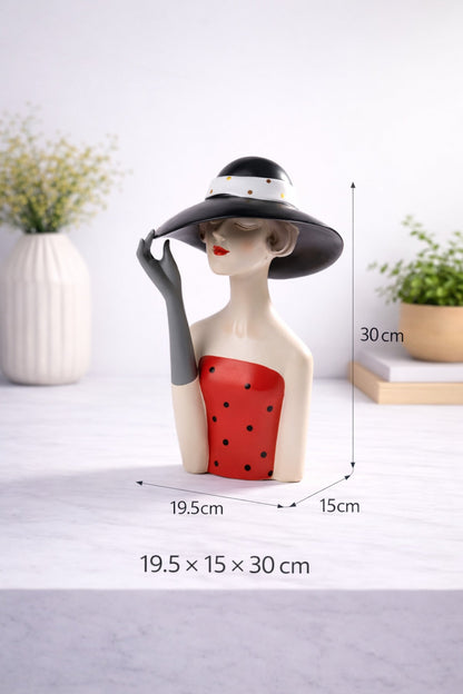 Statuetă decorativă femeie elegantă cu pălărie neagră, 30 cm, decor modern pentru living