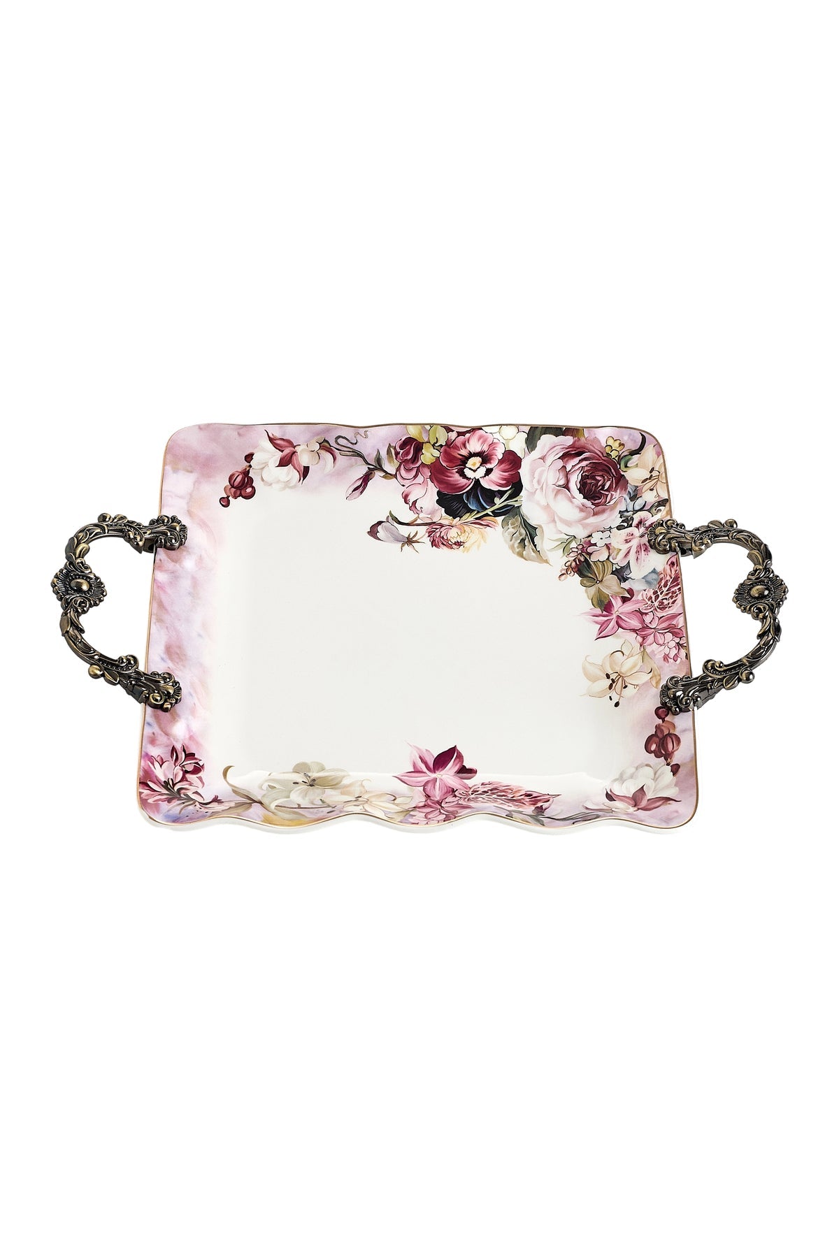 Tavă servire porțelan model floral vintage, mânere metalice bronz, 34.5 cm