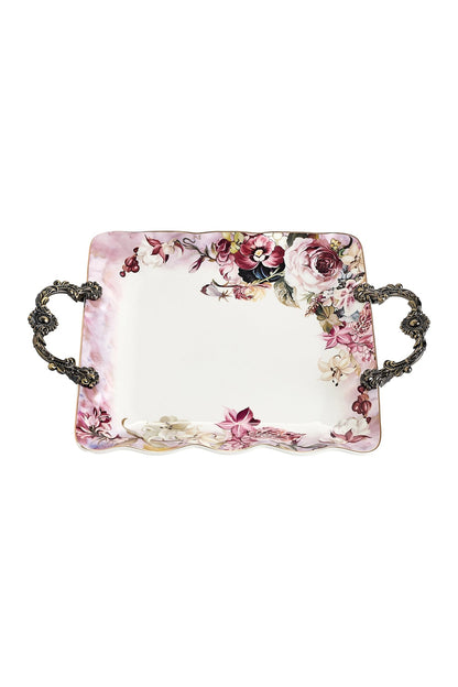Tavă servire porțelan model floral vintage, mânere metalice bronz, 34.5 cm