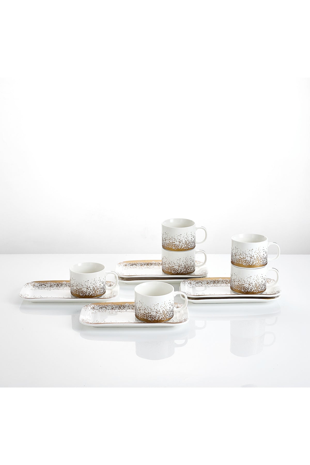 Set de 6 cești cu 6 farfurioare platou dreptunghiular, porțelan, 180 ml - Snowing collection