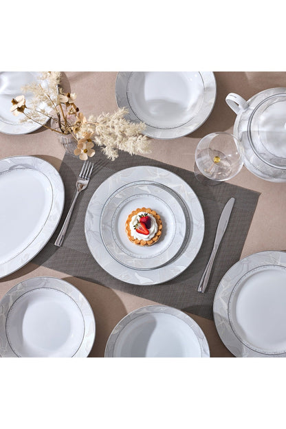 Serviciu de Masă 12 Persoane Silver Leaf din Porțelan 40 piese, Design Floral cu Bordură Argintie