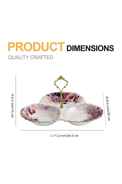 Platou compartimentat 3 secțiuni porțelan, model floral vintage, mâner auriu