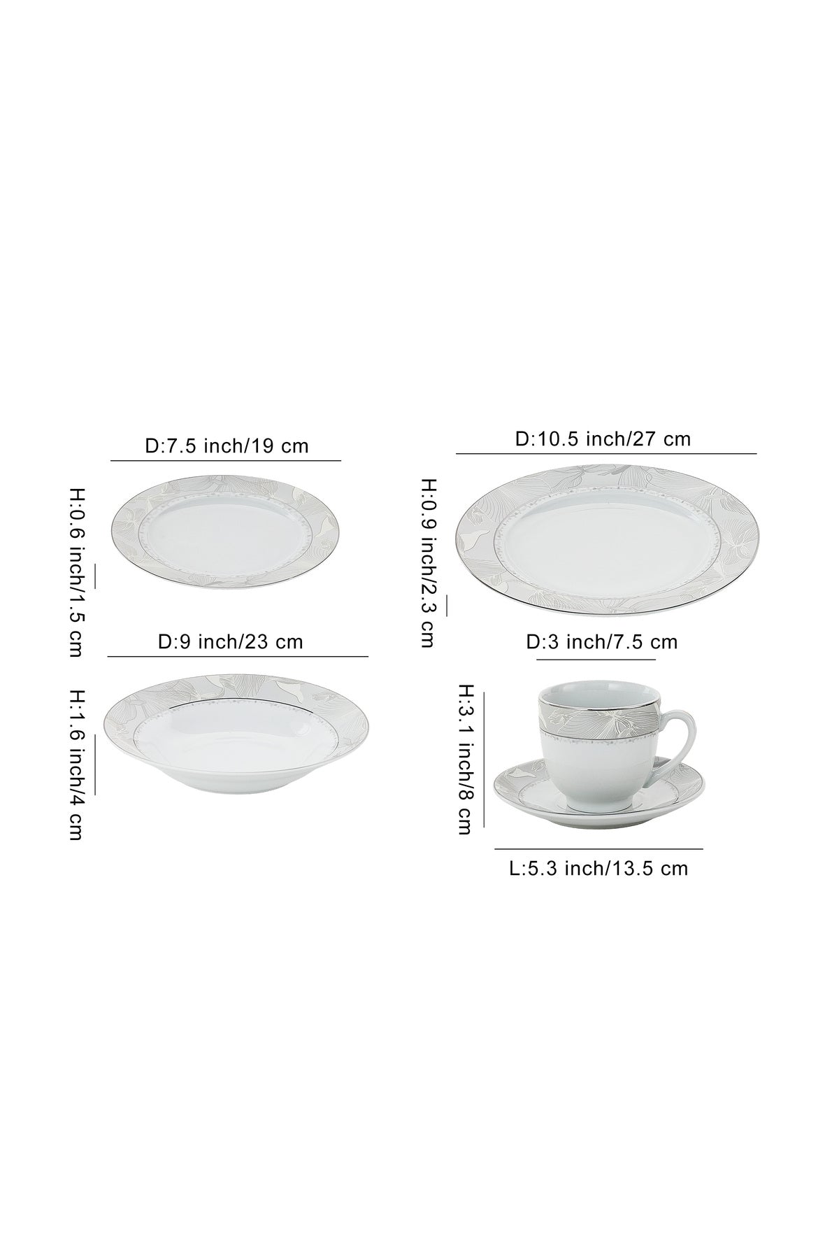 Serviciu de Masă 6 persoane Silver Leaf din Porțelan 30 piese, Design Floral cu Bordură Argintie