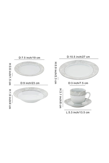 Serviciu de Masă 6 persoane Silver Leaf din Porțelan 30 piese, Design Floral cu Bordură Argintie