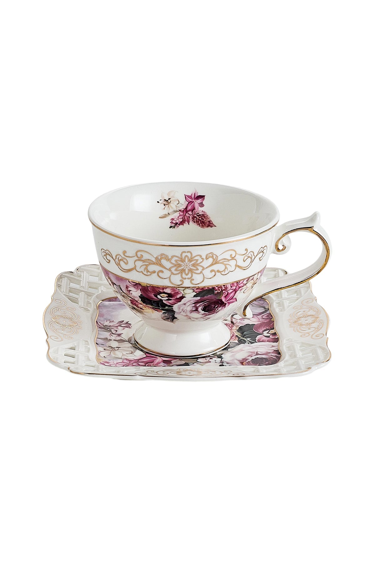 Set 2 cești cafea cu 2 farfurioare porțelan 200 ml – model floral elegant