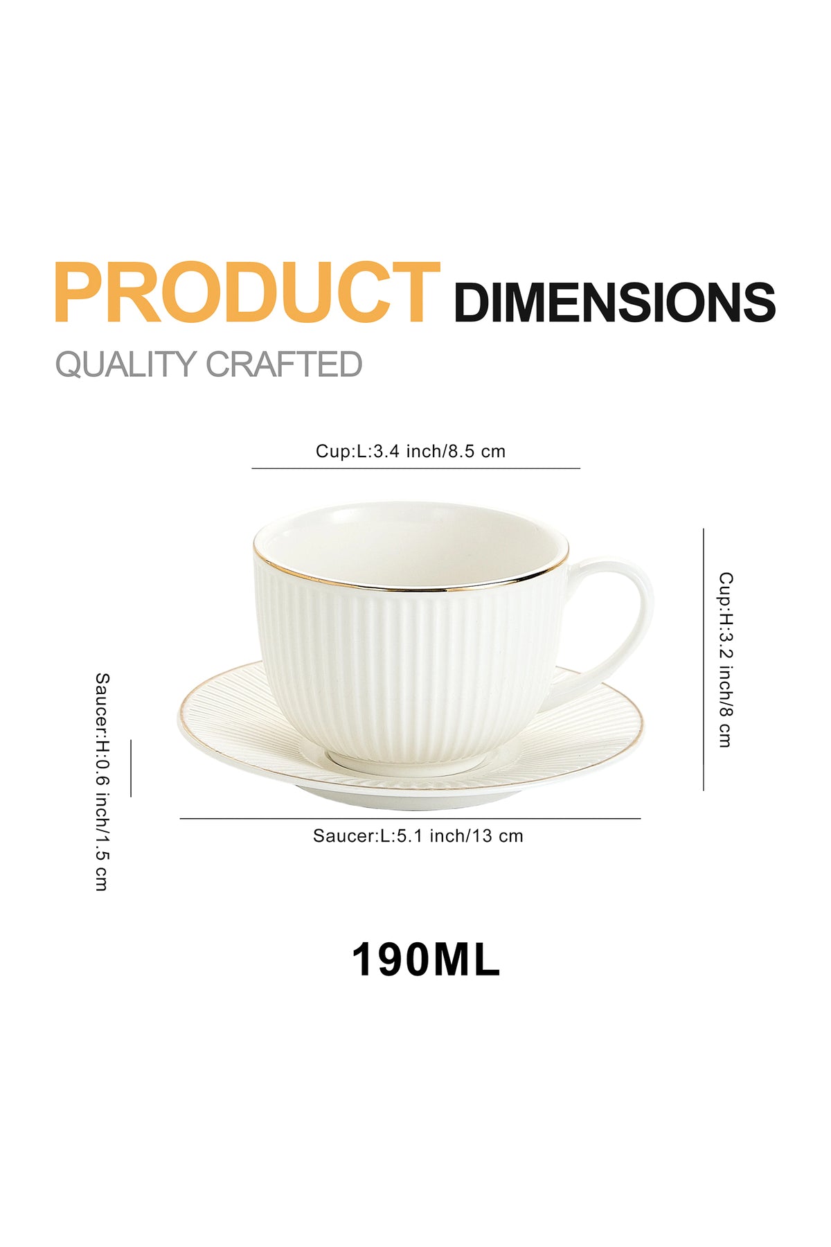 Set de 6 cești cu 6 farfurioare, portelan, 190 ml - royal alb