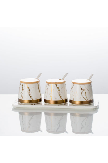 Set 3 Recipiente Condimente din porțelan, Capace Bambus și Tavă suport - Marble Collection