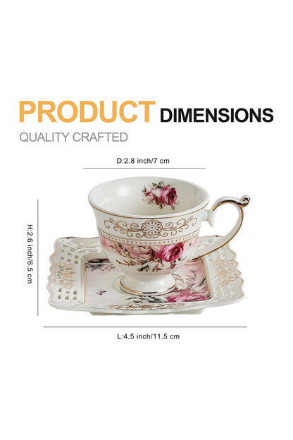 Set 6 cești espresso cu 6 farfurioare porțelan 90 ml – cești cafea model floral elegant