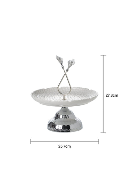 Platou servire din Porțelan cu Picior Metalic și Mâner Decorativ - 27.8 cm