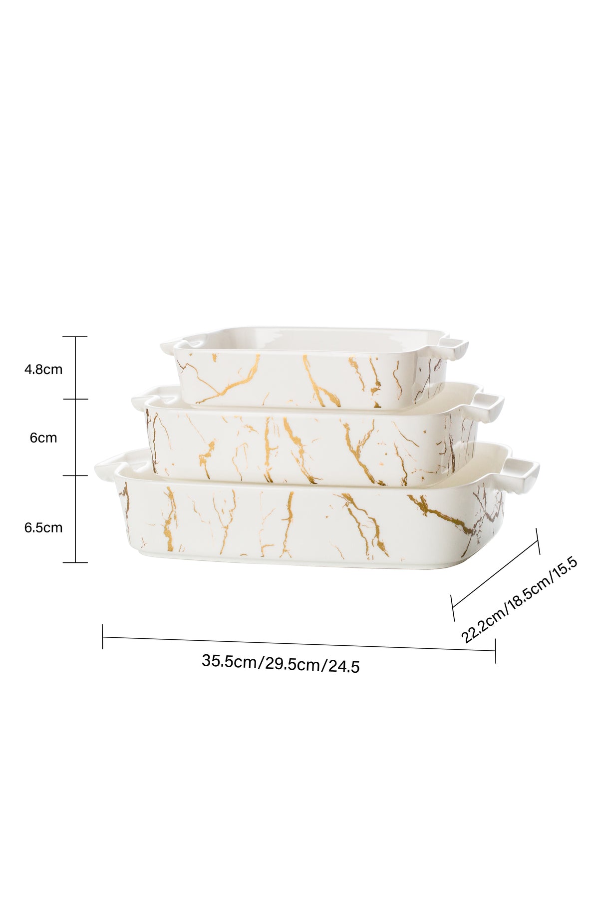 Set 3 tăvi cuptor Marble – porțelan alb cu model marmură aurie, rezistente la cuptor