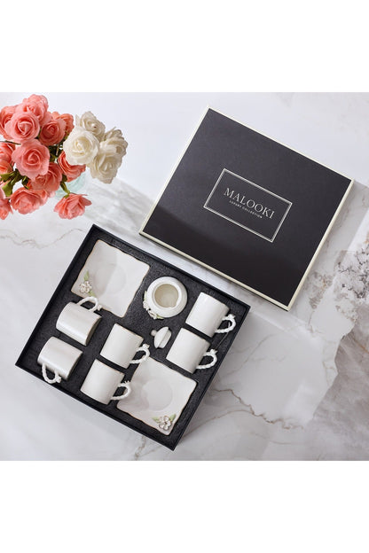 Set 6 Cești de Cafea din Porțelan cu Farfurioare și Zaharniță, 180 ml - Detalii Florale