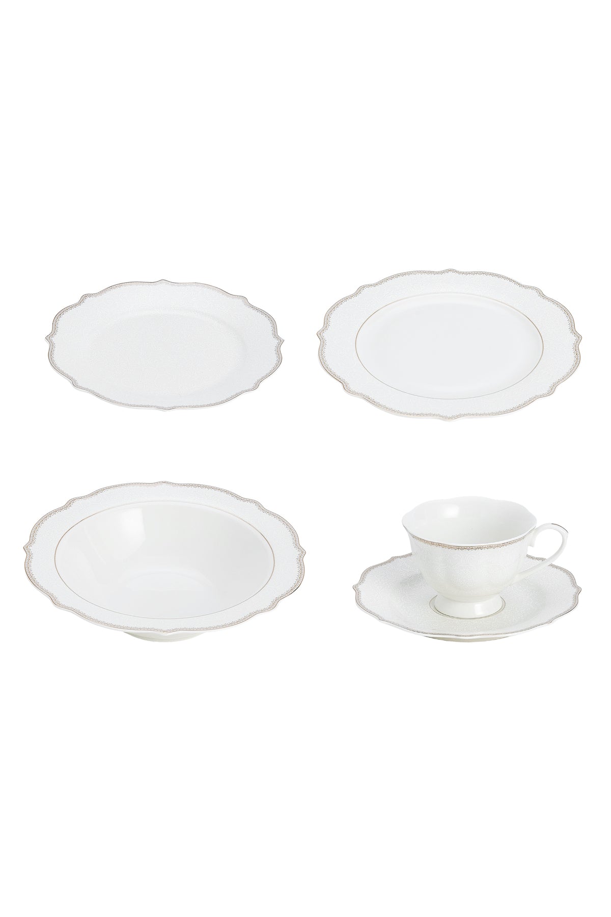 Set masă 30 piese porțelan Arabesque, alb cu bordură argintie, 6 persoane