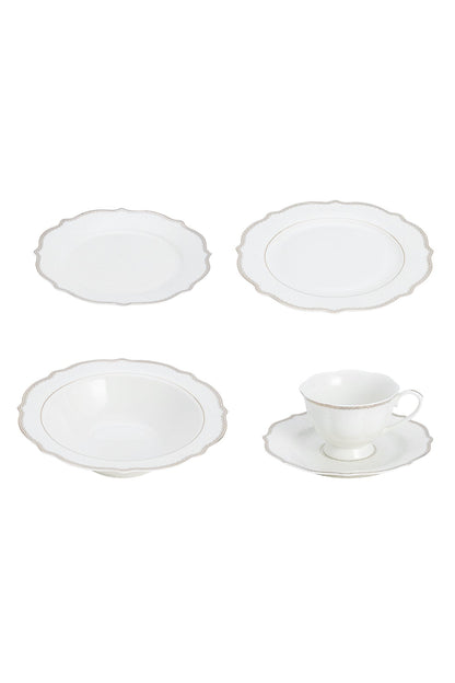 Set masă 30 piese porțelan Arabesque, alb cu bordură argintie, 6 persoane
