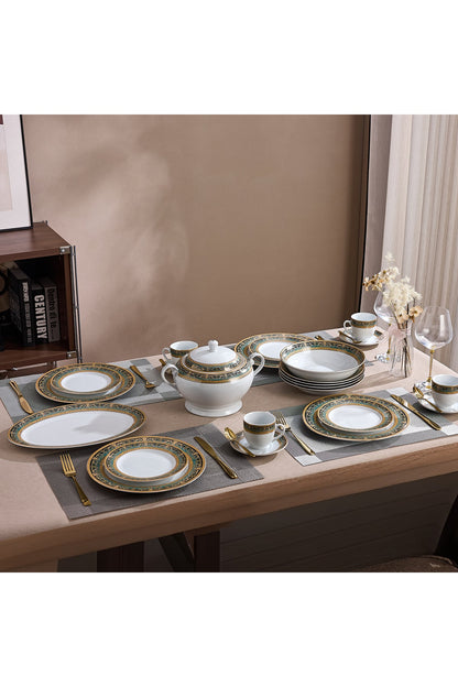Serviciu de Masă 12 Persoane Emerald Royal Gold din Porțelan , 64 Piese, Design Baroc Verde cu Aur