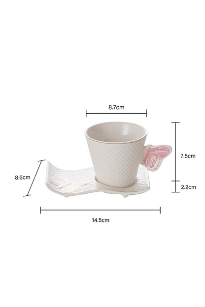 Set 6 Cești de cafea cu 6 farfurii ondulate, 180 ml, Porțelan – Model Fluture - Roz