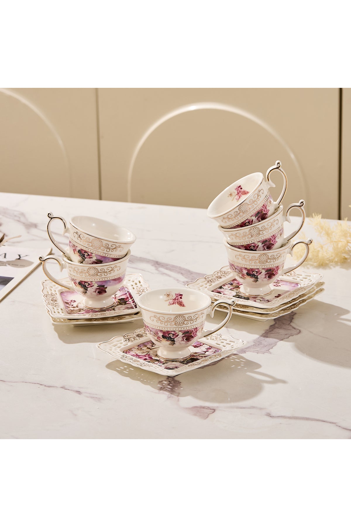 Set 6 cești espresso cu 6 farfurioare porțelan 90 ml – cești cafea model floral elegant