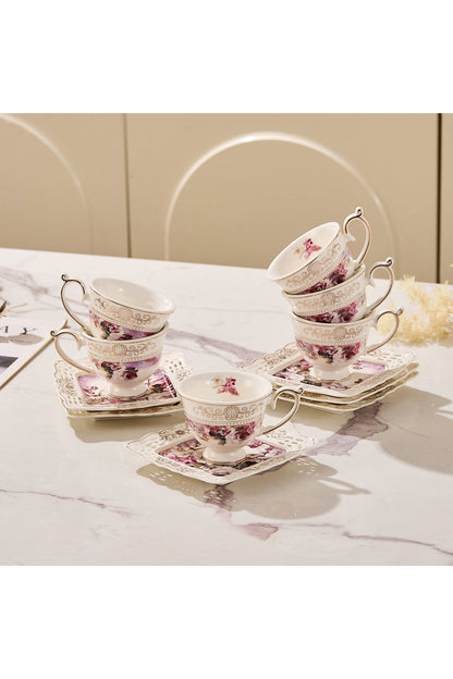 Set 6 cești espresso cu 6 farfurioare porțelan 90 ml – cești cafea model floral elegant