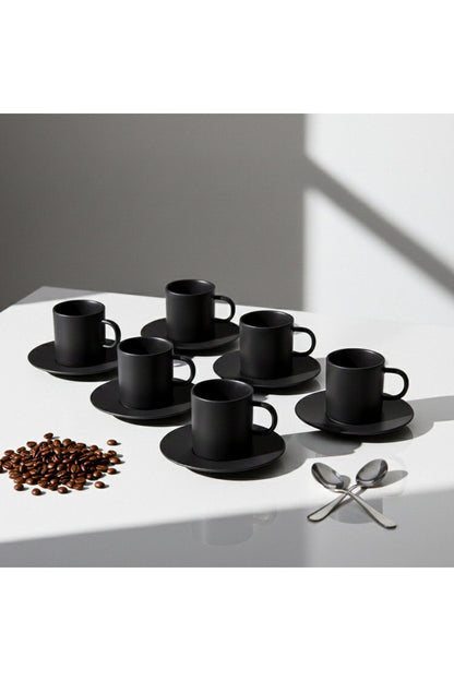 Set 6 Cești cafea cu Farfurioare din Porțelan, 200 ml – Negru Mat