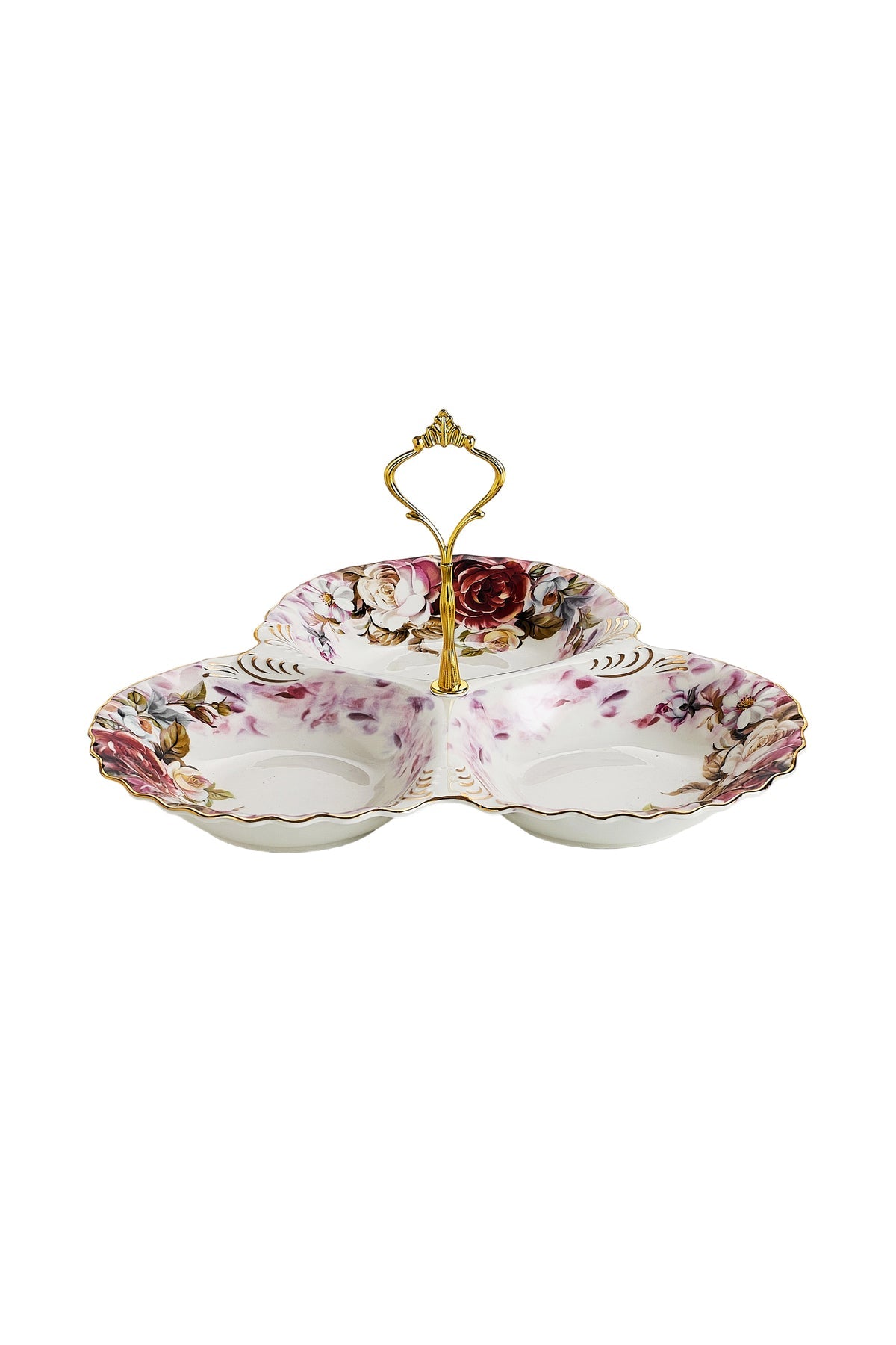 Platou compartimentat 3 secțiuni porțelan, model floral vintage, mâner auriu