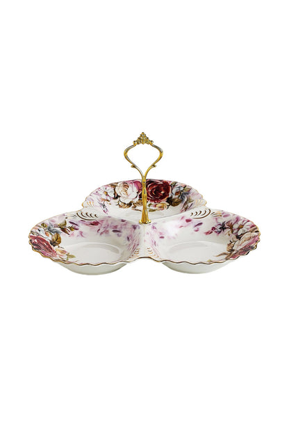 Platou compartimentat 3 secțiuni porțelan, model floral vintage, mâner auriu