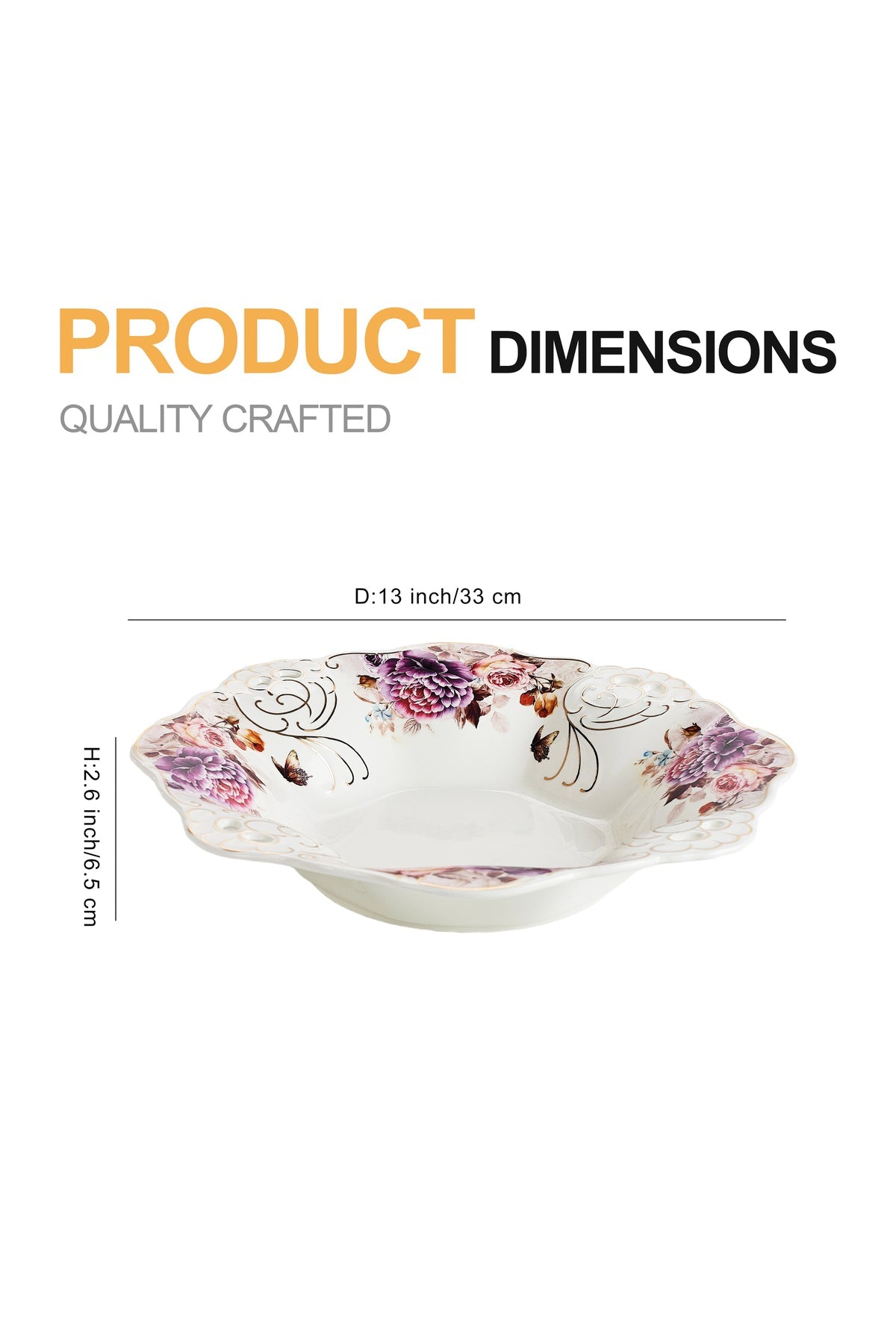 Bol fructieră porțelan model floral vintage, margini dantelate, diametru 33 cm