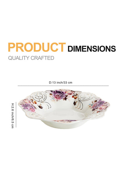 Bol fructieră porțelan model floral vintage, margini dantelate, diametru 33 cm