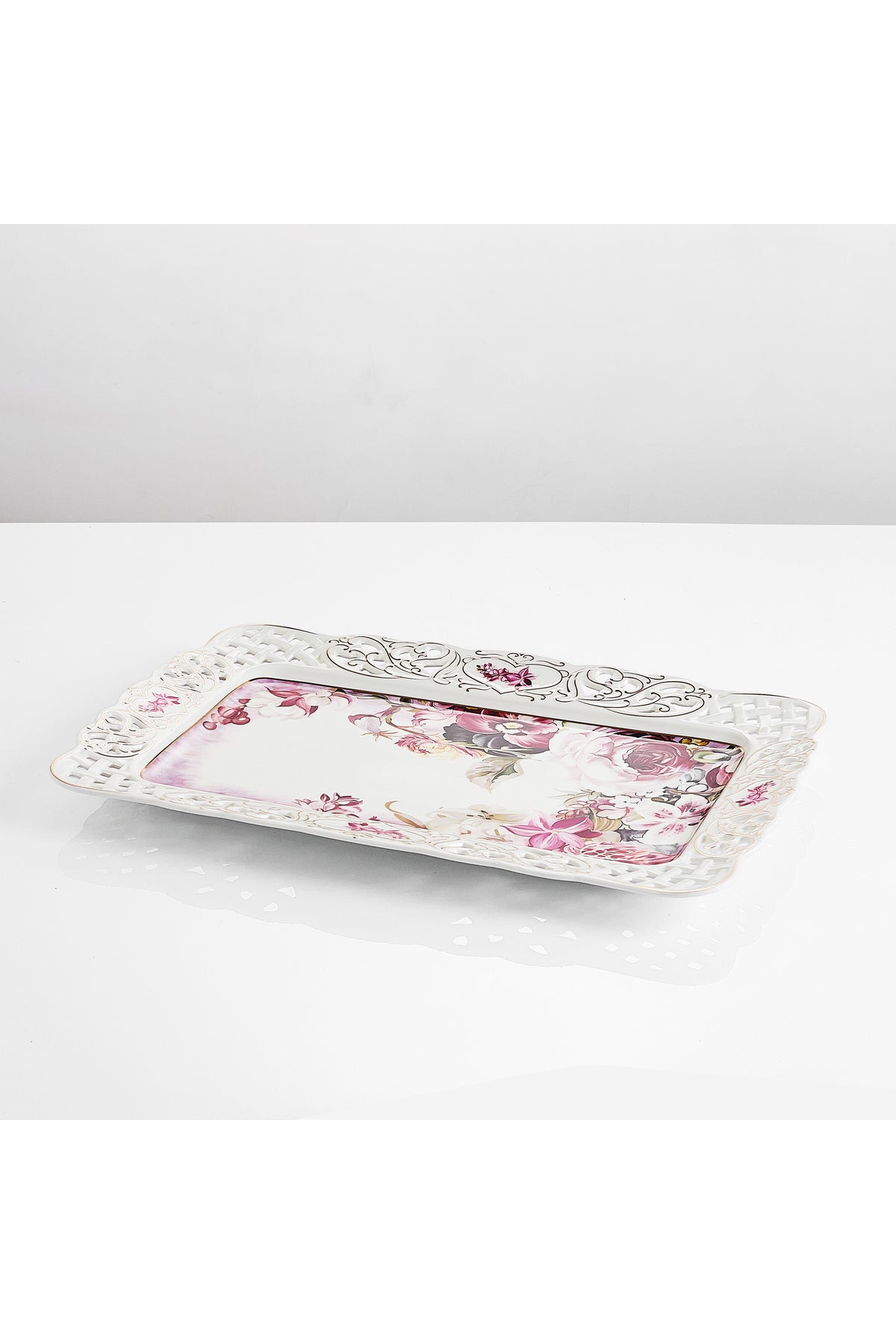Tavă servire porțelan model floral vintage, margini dantelate decupate, 36 x 23 cm