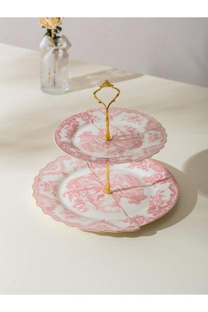 Platou etajat 2 nivele Toile – porțelan roz cu peisaj chinoiserie, suport prăjituri și aperitive