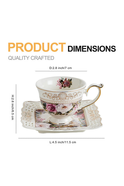 Set 6 cești espresso cu 6 farfurioare porțelan 90 ml – cești cafea model floral elegant