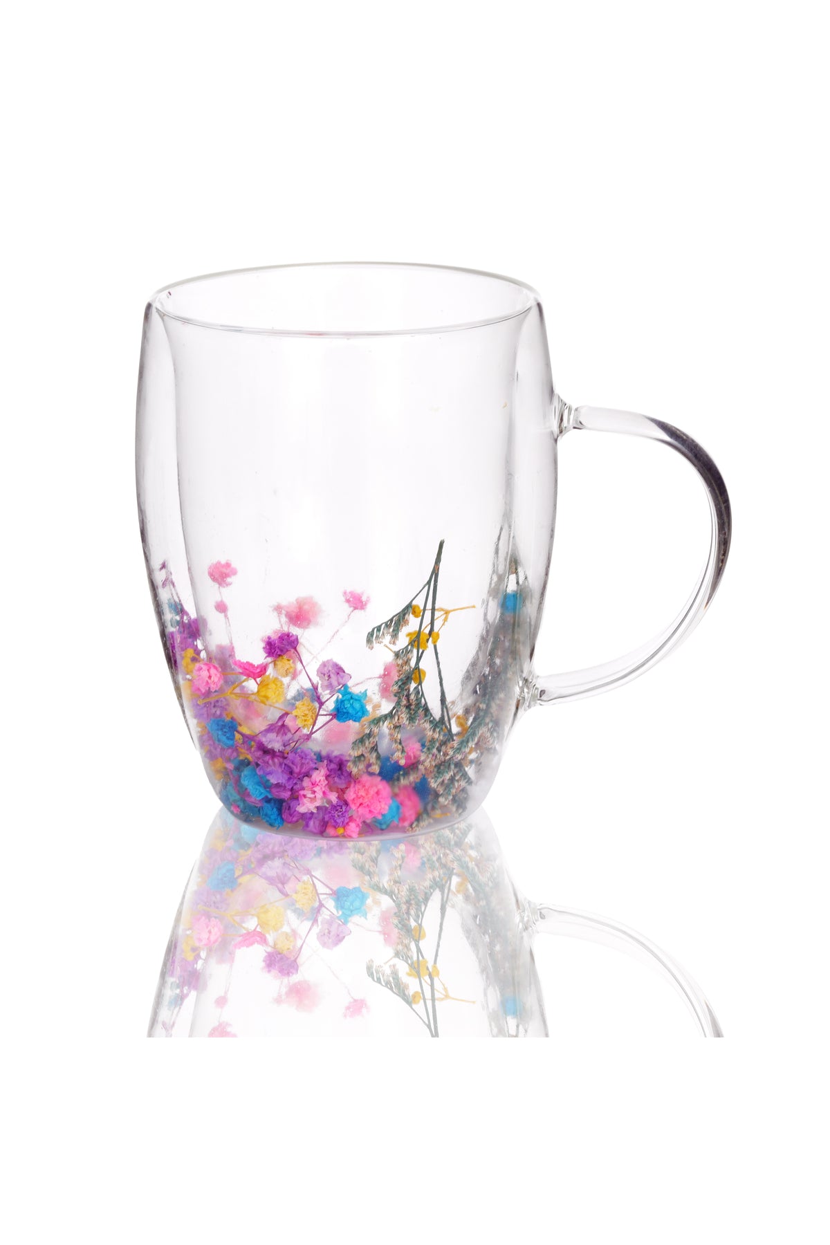 Cană din Sticlă cu Pereți Dubli "Nicolle" cu Flori Uscate Multicolore Naturale – 350 ml