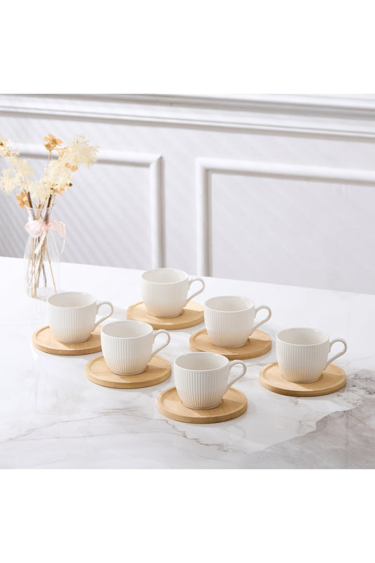 Set 6 cești cafea porțelan Groove cu farfurioare bambus, 200ml, alb