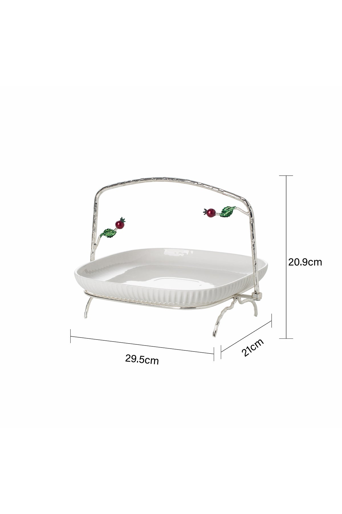 Platou Servire din porțelan alb cu Suport Metalic argintiu - 29.5 cm