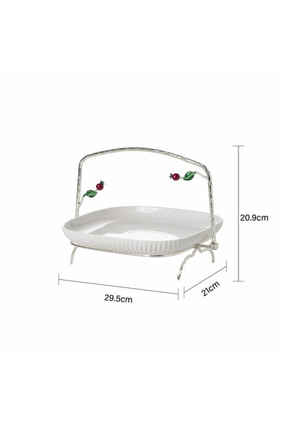 Platou Servire din porțelan alb cu Suport Metalic argintiu - 29.5 cm