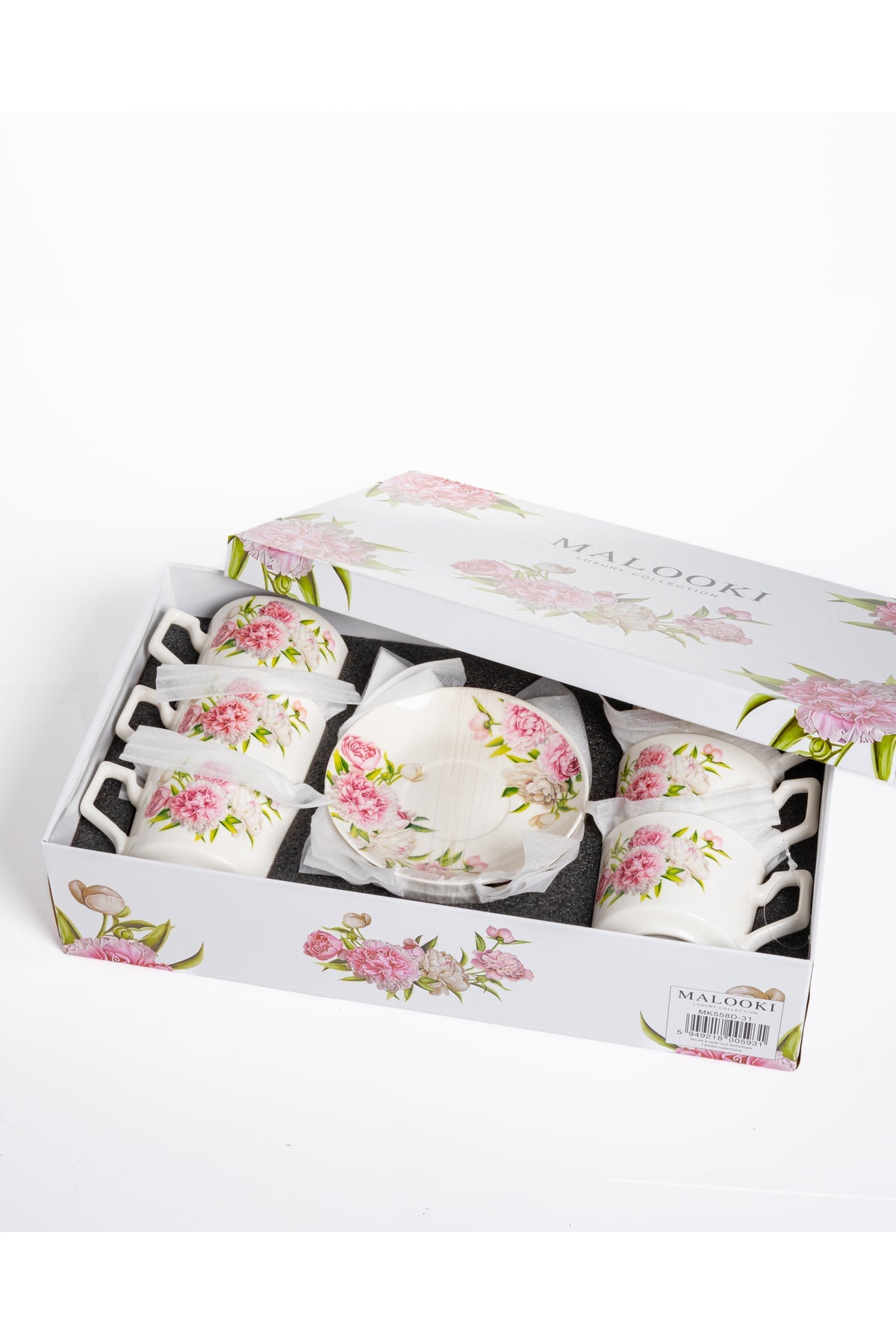 Set 6 cești cafea Peony – porțelan floral cu bujori roz, 12 piese cu farfurioare