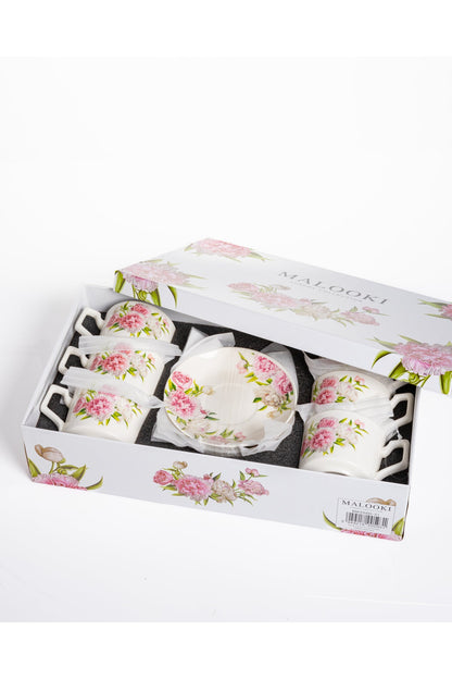 Set 6 cești cafea Peony – porțelan floral cu bujori roz, 12 piese cu farfurioare