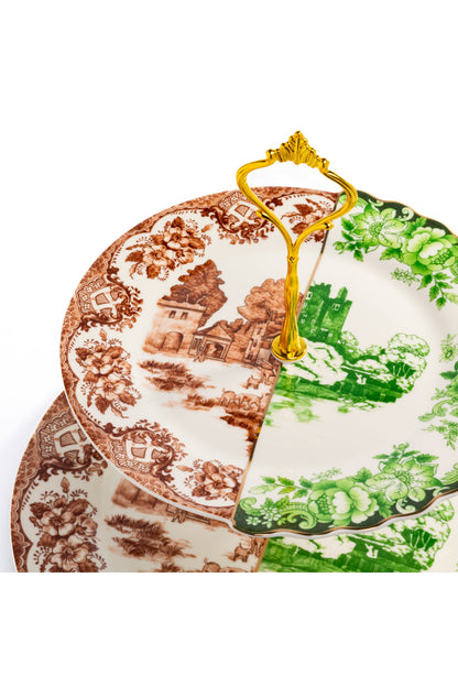 Platou etajat 2 nivele Heritage – porțelan cu peisaj rustic vintage, suport prăjituri și aperitive